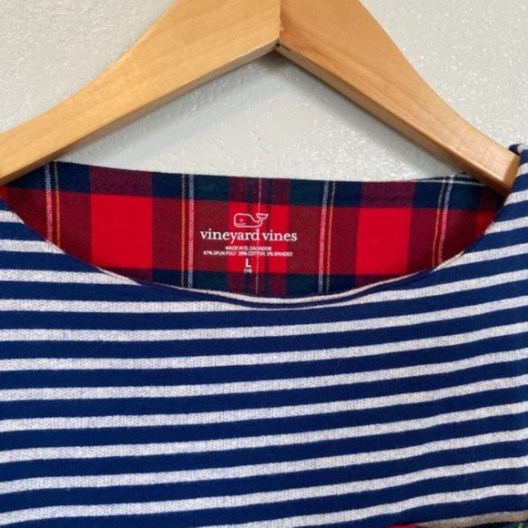 Vineyard Vines Girls Navy Striped Sweatshirt Tunic With Merry Plaid Pocket NEW - Picture 4 of 9